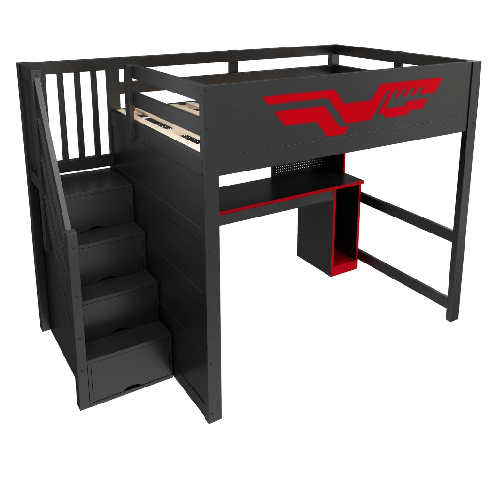 Letto a soppalco da gioco 140x200 cm con scrivania; LED e USB; nero e rosso