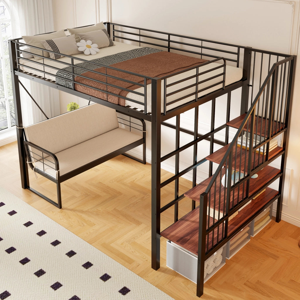 Letto a castello 140 × 200 cm con divano imbottito removibile scala contenitore in metallo e MDF nero