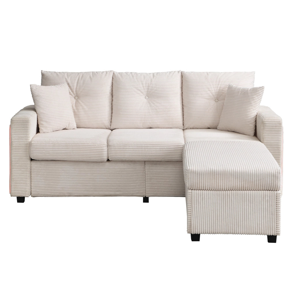 Divano 3 posti angolare beige con illuminazione LED, pouf mobile e cinque cuscini confortevoli