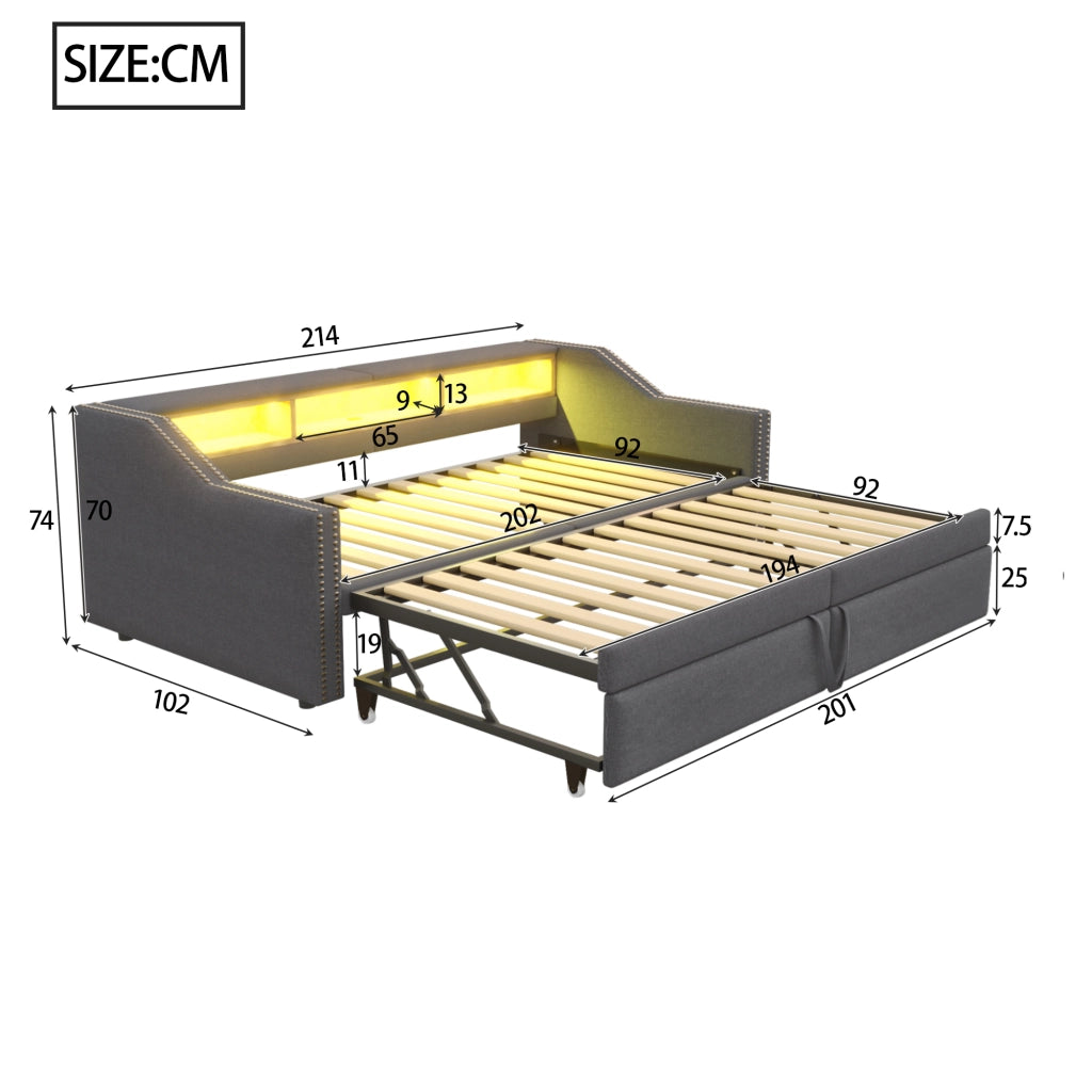Divano letto estraibile 90/180x200 cm con LED; USB e ripiani laterali; lino grigio scuro