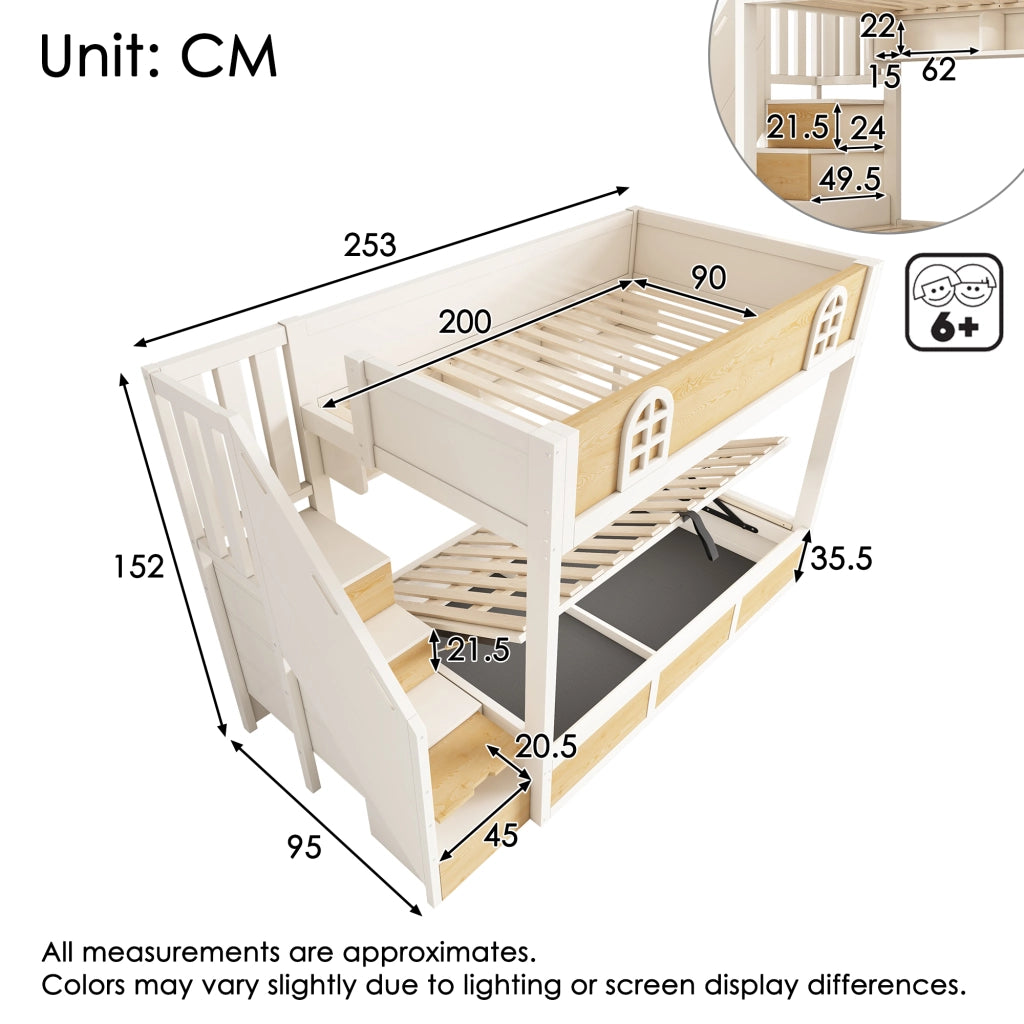 Letto a castello per bambini 90 x 200 cm con scala contenitore