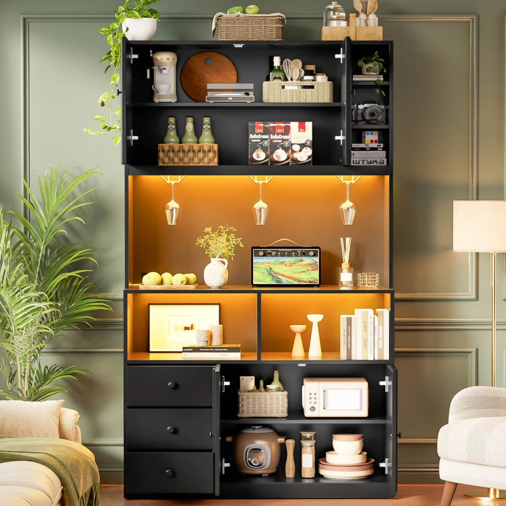 ARMADIO CUCINA 180 cm con LED, prese USB/AC, MDF nero