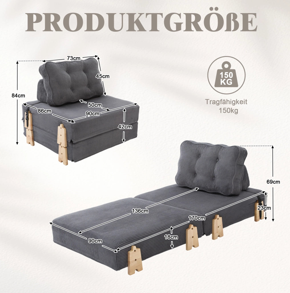 Poltrona letto pieghevole 90x170 cm in velluto a coste grigio scuro