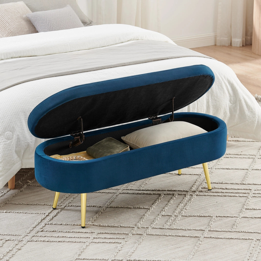 Panca contenitore in velluto blu con struttura in legno massello e gambe in metallo, 110x40x42 cm, 20L di spazio, per soggiorno, camera da letto o ingresso