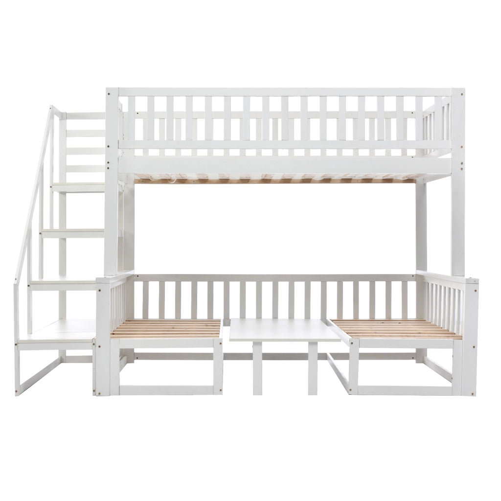 Letto a castello 90 × 200 cm e 120 × 200 cm, 3 posti con tavolo regolabile e divano, senza materasso, bianco