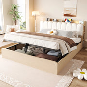 Letto contenitore 180 × 200 cm con sollevamento idraulico testiera imbottita USB luce notturna legno naturale