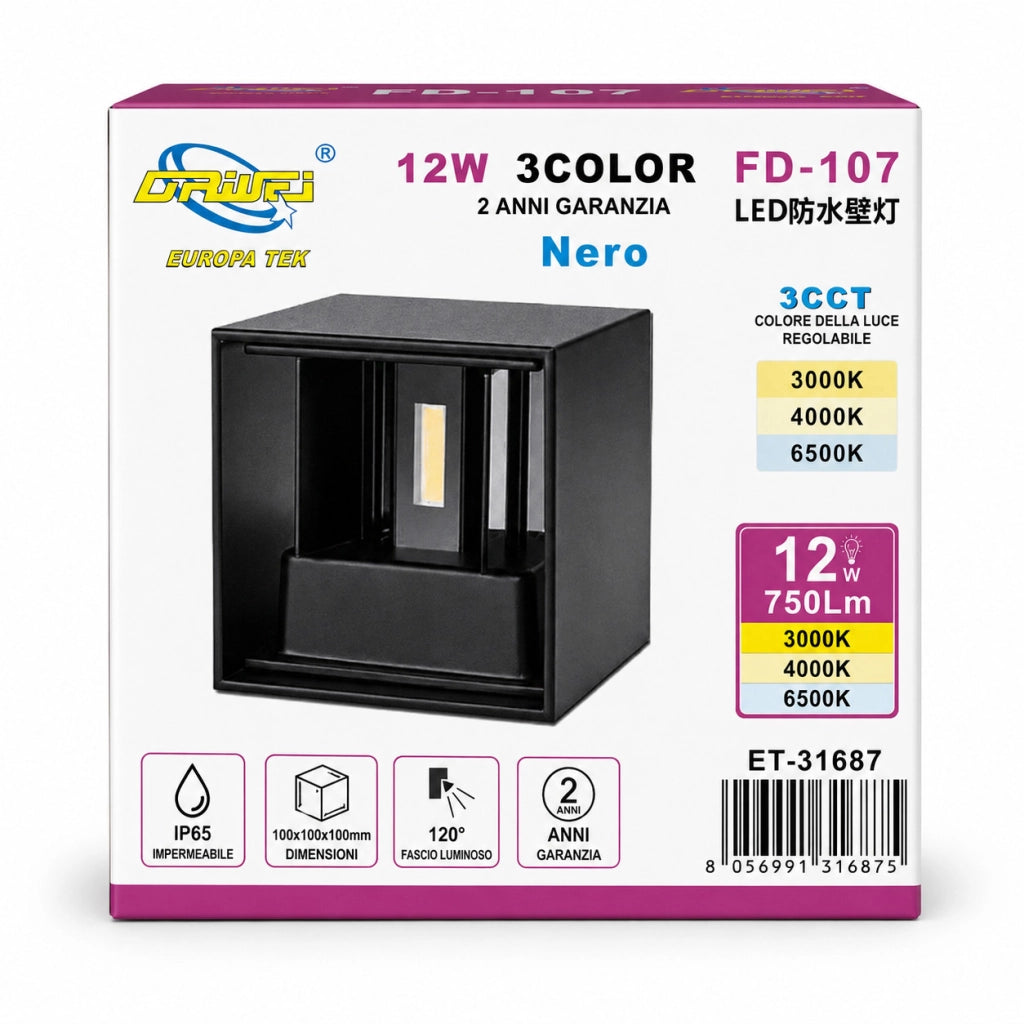 APPLIQUE LED 12W ESTERNO LAMPADA PARETE NERA IP65 3000K 4000K 6000K ET-31687