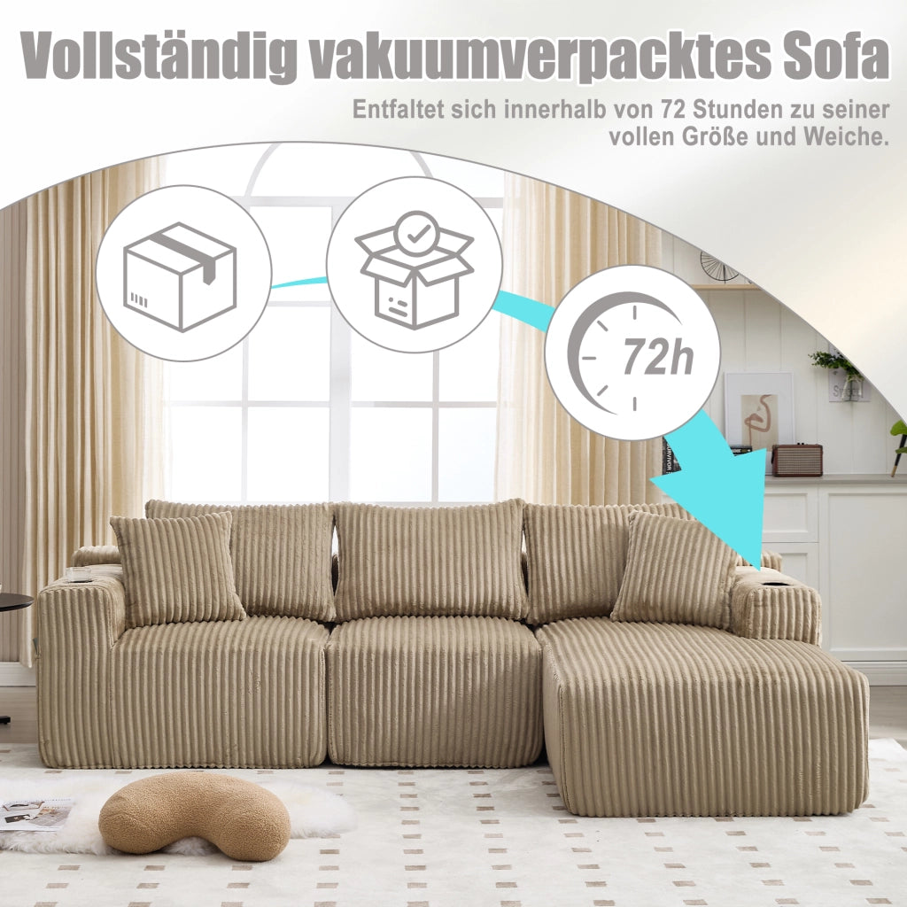 Divano modulare con chaise longue e 2 posti - con tasche laterali e portabicchieri - kaki