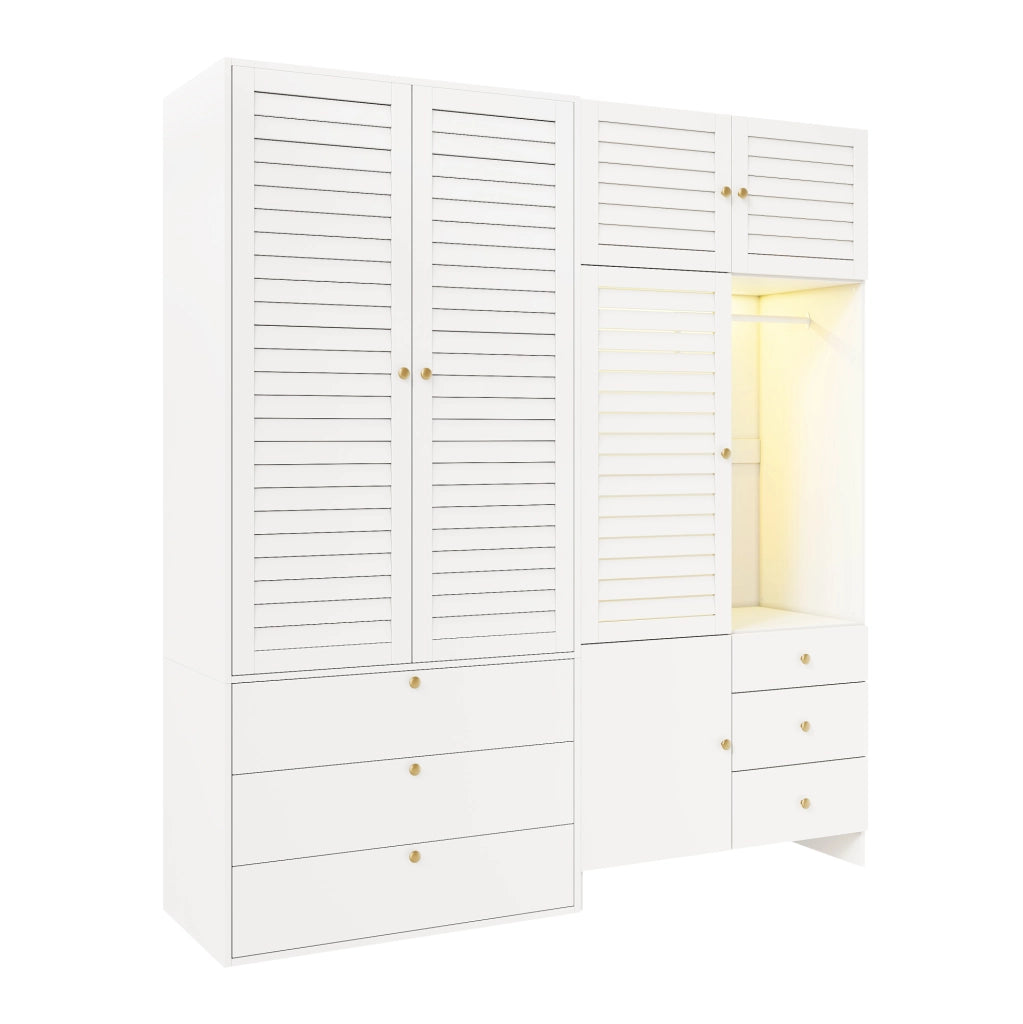 Armadio bianco multifunzione con 2 bastoni appendiabiti, 6 cassetti, cesta portabiancheria e illuminazione LED, 180x50x200 cm