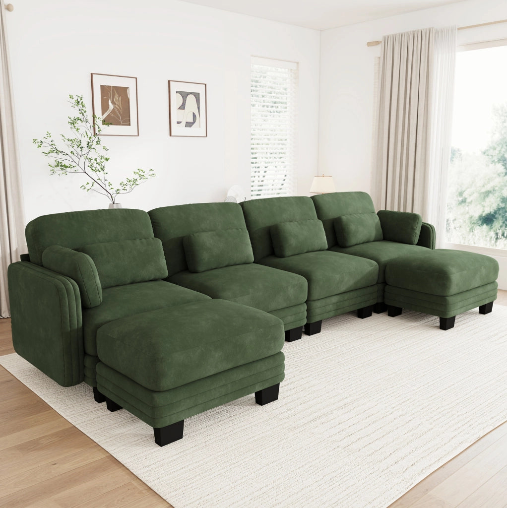 Divano modulare a U in chenille verde, 330x143x88 cm, con cuscini mobili e pouf