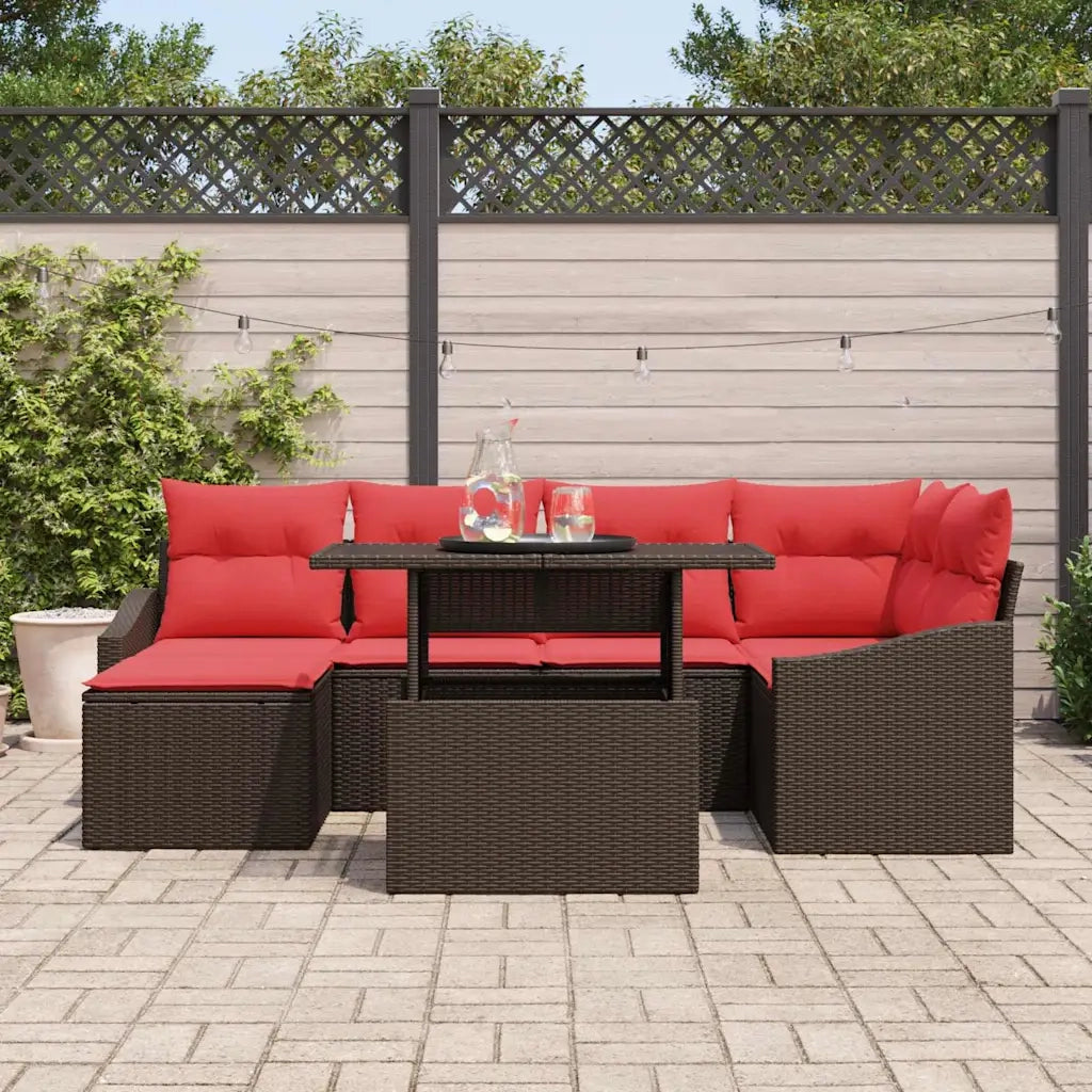 Set di divani 7 pz Marrone e Rosso Poly Rattan 3349040