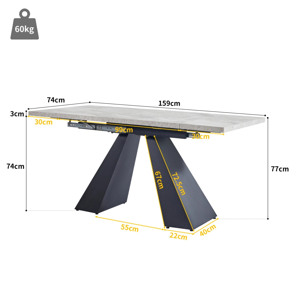 Tavolo da pranzo allungabile 99-159×74×77 cm con piano in MDF effetto marmo e gambe in carbonio, design flessibile per cucina, ufficio, soggiorno grigio