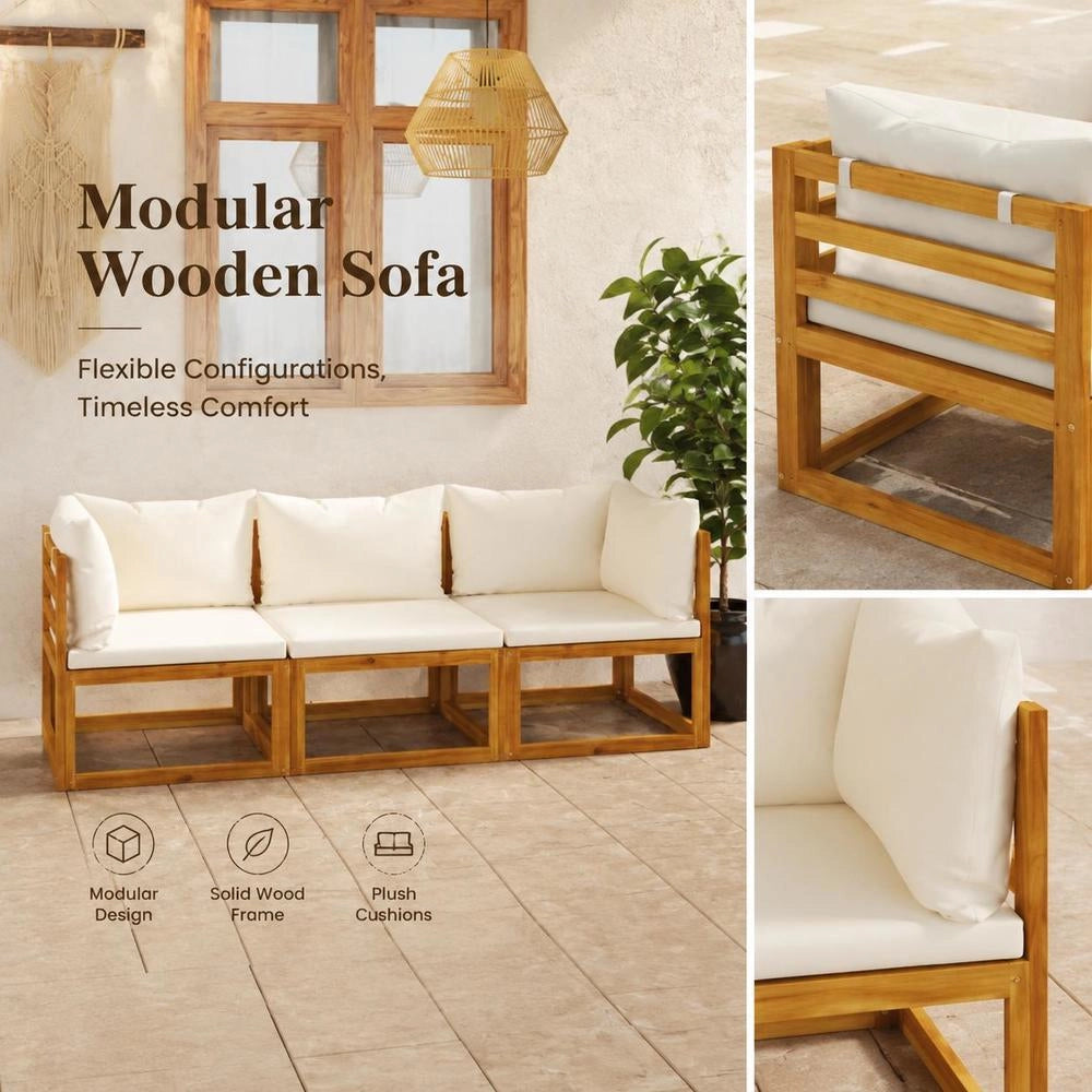 3-seater Garden Sofa With Cream Cushion, Solid Acacia Wood
