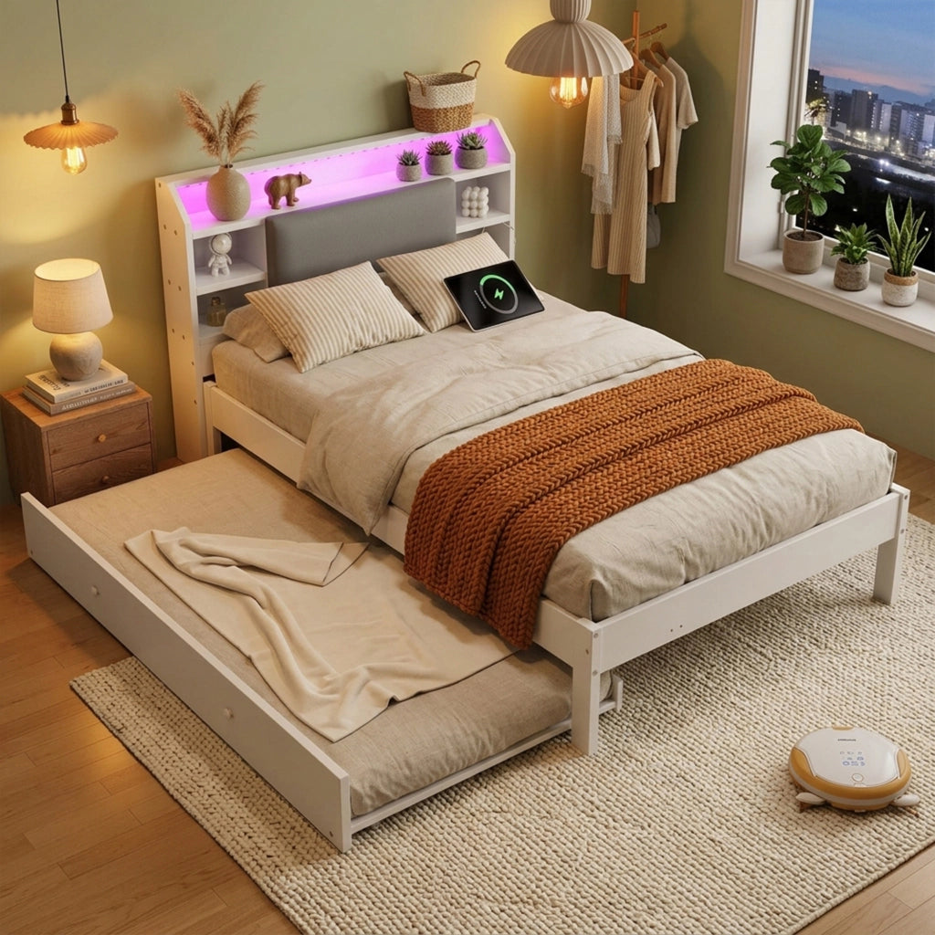 Letto multifunzione 120 x 200 cm con LED e contenitori, letto estensibile in legno bianco con ruote, testiera e struttura salvaspazio