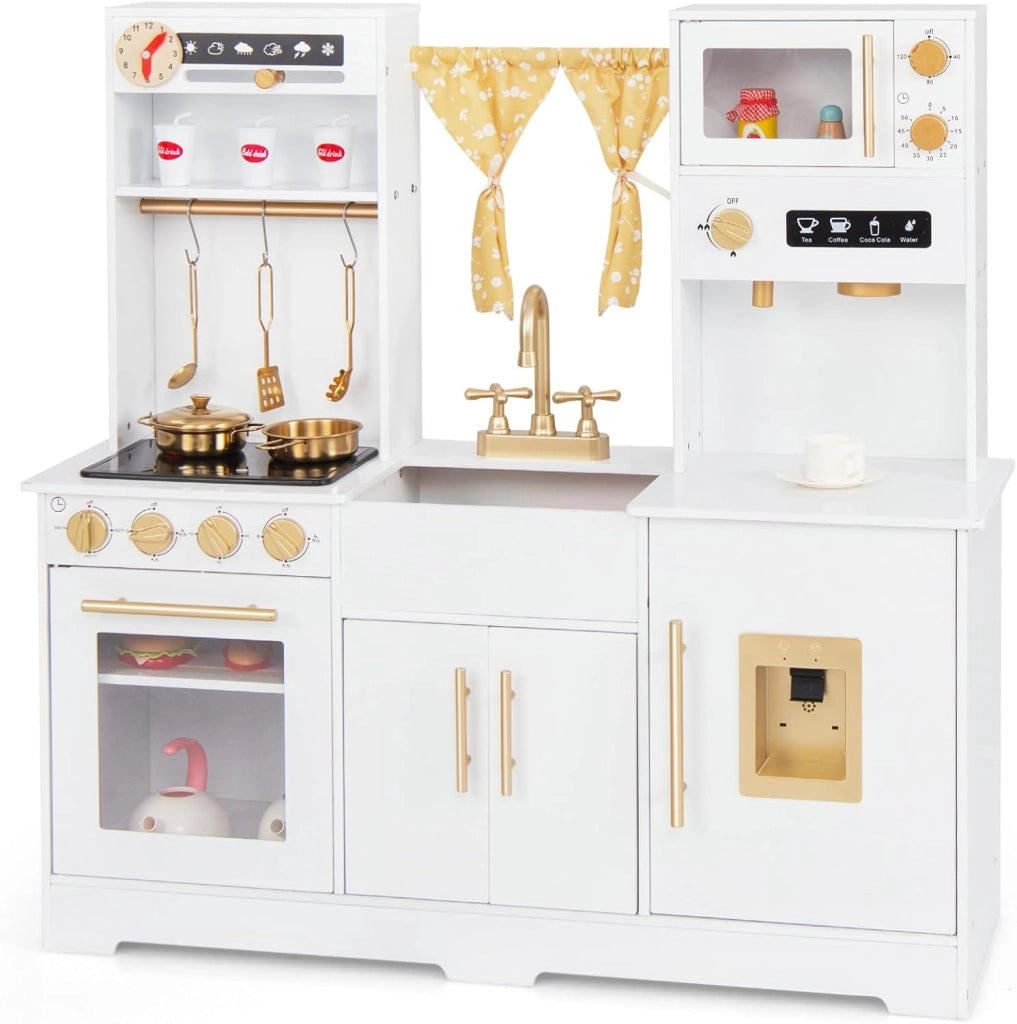 Cucina Giocattolo per Bambini, Cucina per Bambini in Legno con Forno, Microonde, Macchina da Caffè, Macchina del Ghiaccio, Lavello e Rubinetto, con Luci e Suoni per Bambini di 3+ Anni (Bianco)