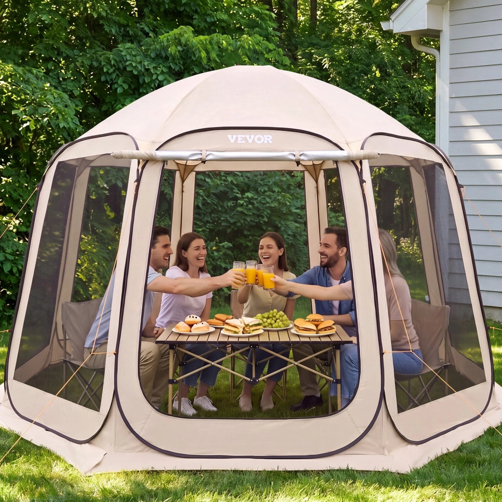 Tenda da Campeggio Trasparente a 8 Lati Beige 3660 x 3380 x 2300 mm per 10-12 Persone con Tendalino Esteso e Borsa per Giardino e Patio