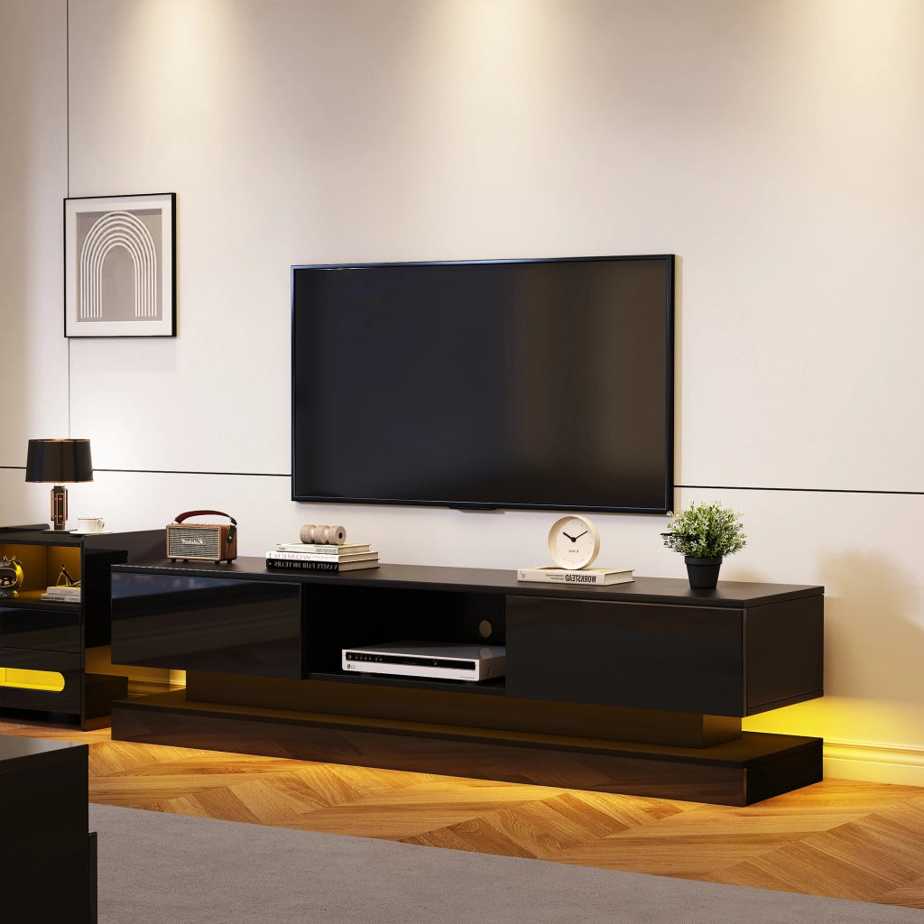 Mobile TV con LED multicolore via app; 2 cassetti; passacavi; nero lucido; 160 × 35 × 40.5 cm