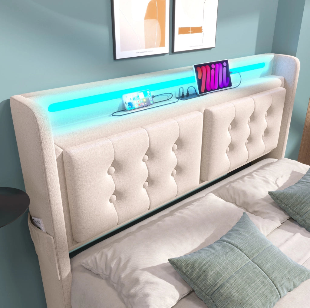 Letto imbottito 140x200 cm con LED; USB e Type-C; beige