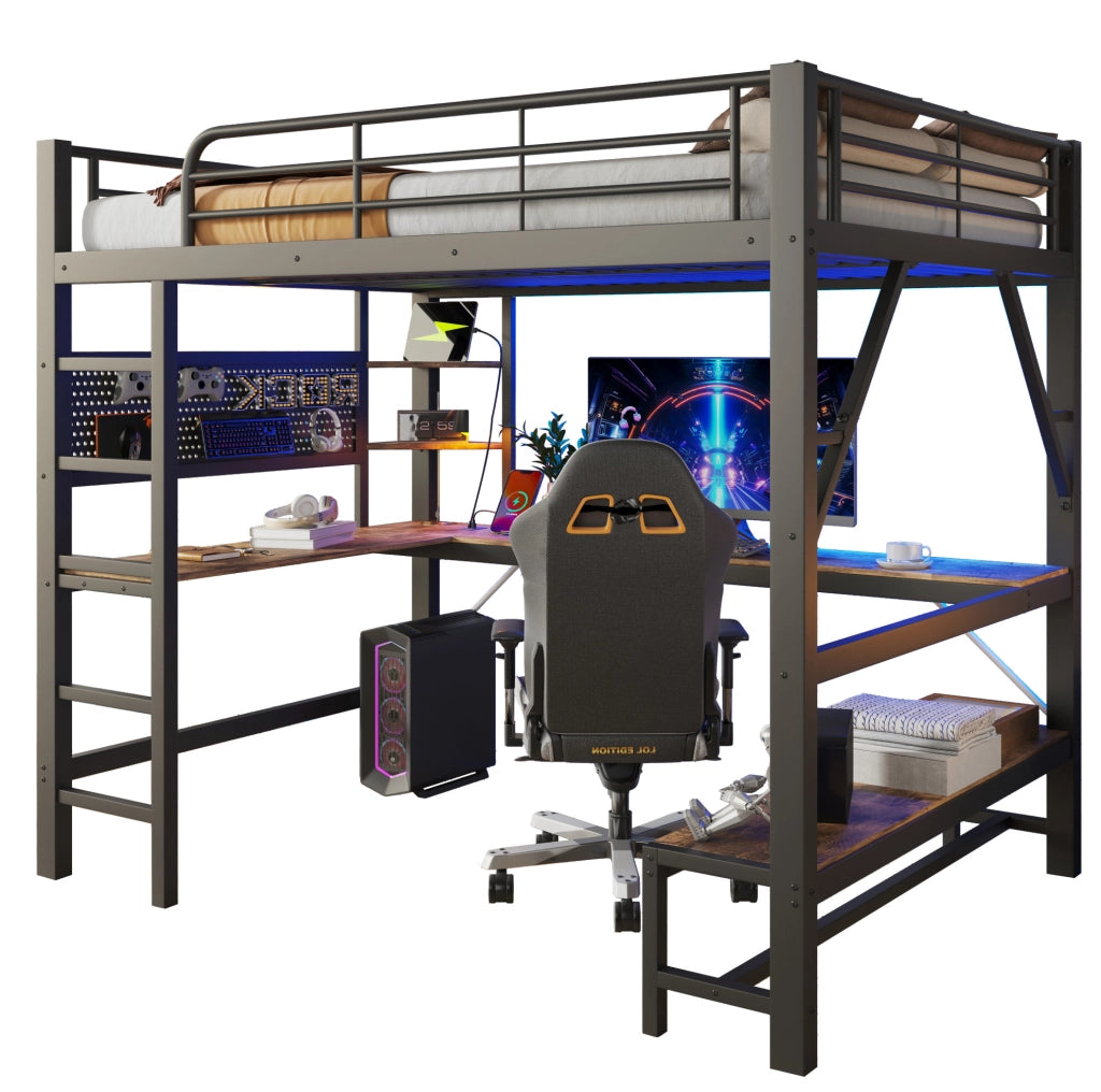 Letto a Castello 160 x 200 cm con Scrivania Scaffali LED USB Type-C Nero Senza Materasso