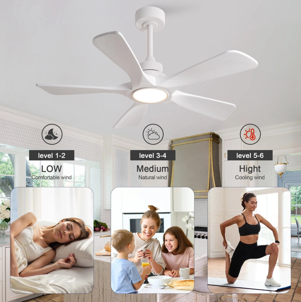 Ventilatore a soffitto 42" bianco con pale in legno massello, telecomando wireless, LED dimmerabile 3CCT, 6 velocità con memoria spegnimento
