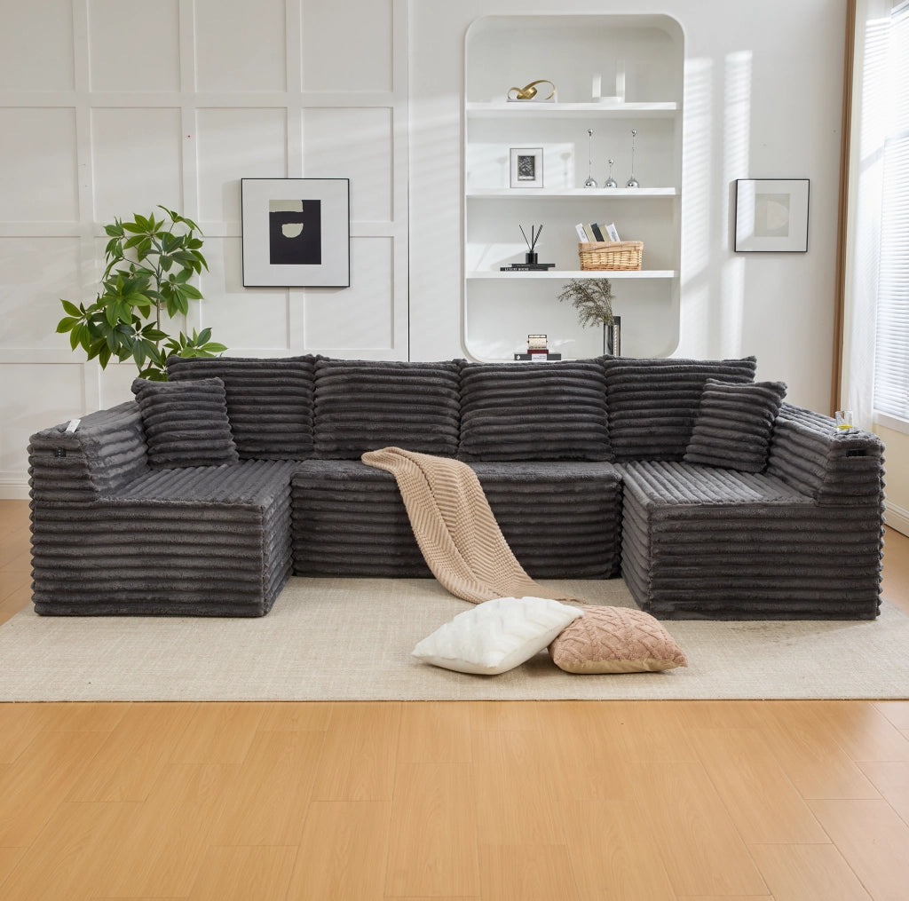 Divano a U in Corduroy con Porta Bicchieri, Tasche Laterali e Cuscini, 320x155x88 cm, Ergonomico per Soggiorno