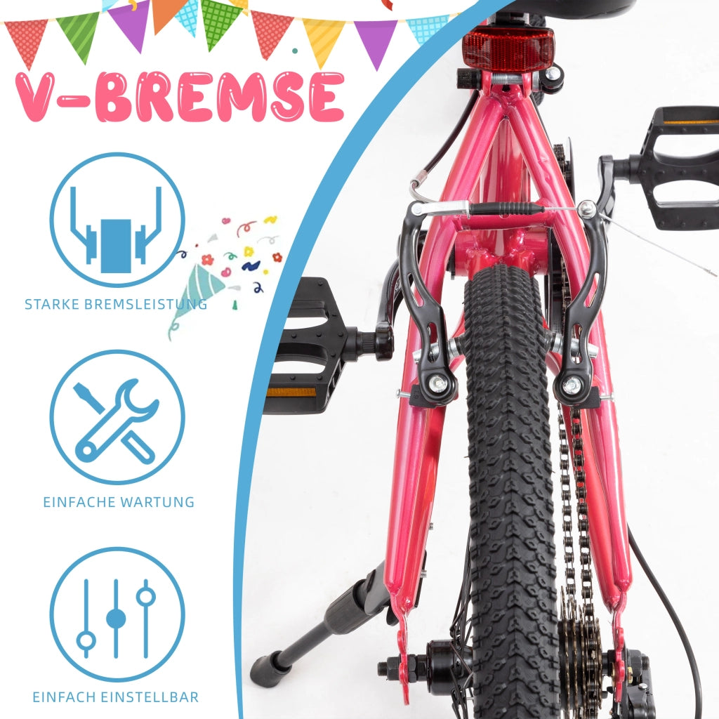 Bicicletta per bambini da 20 pollici rosa con freni V anteriori e posteriori sella regolabile per scuola e tempo libero
