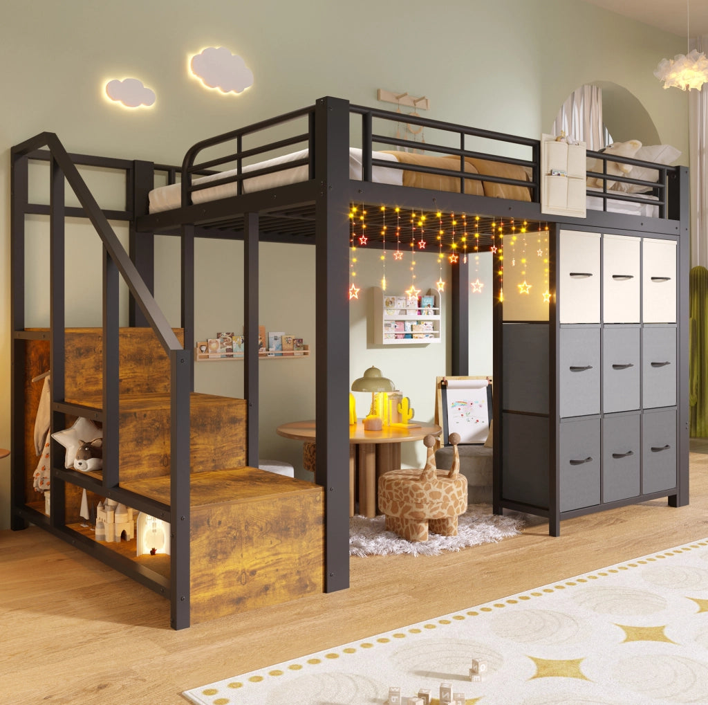 Letto a soppalco 140x200 cm con scale contenitore; cassettiera e appendiabiti nero HOMVRA