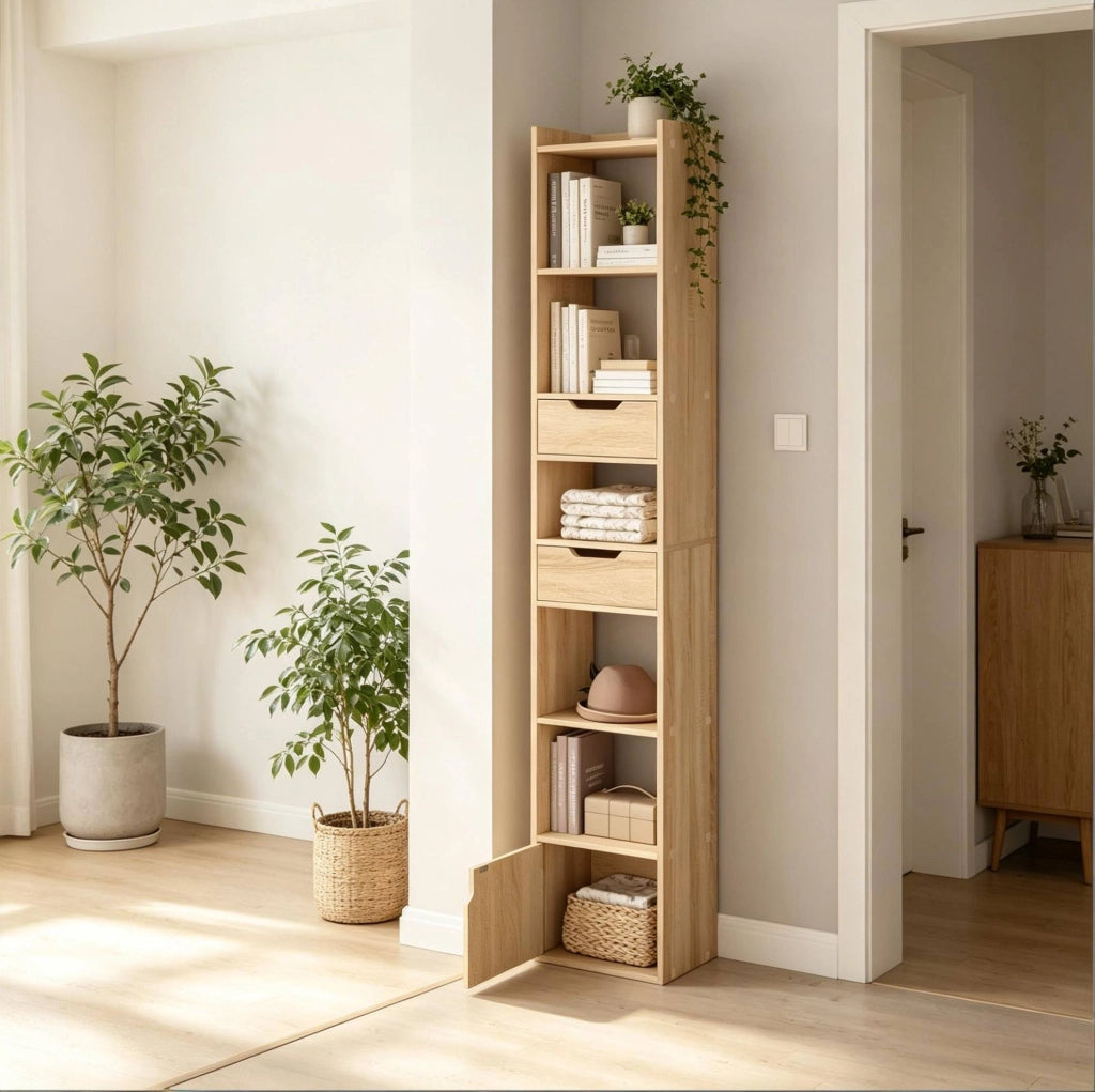 Libreria verticale moderna in legno E1, 33x181x24 cm, color rovere chiaro, con ripiani e cassetti