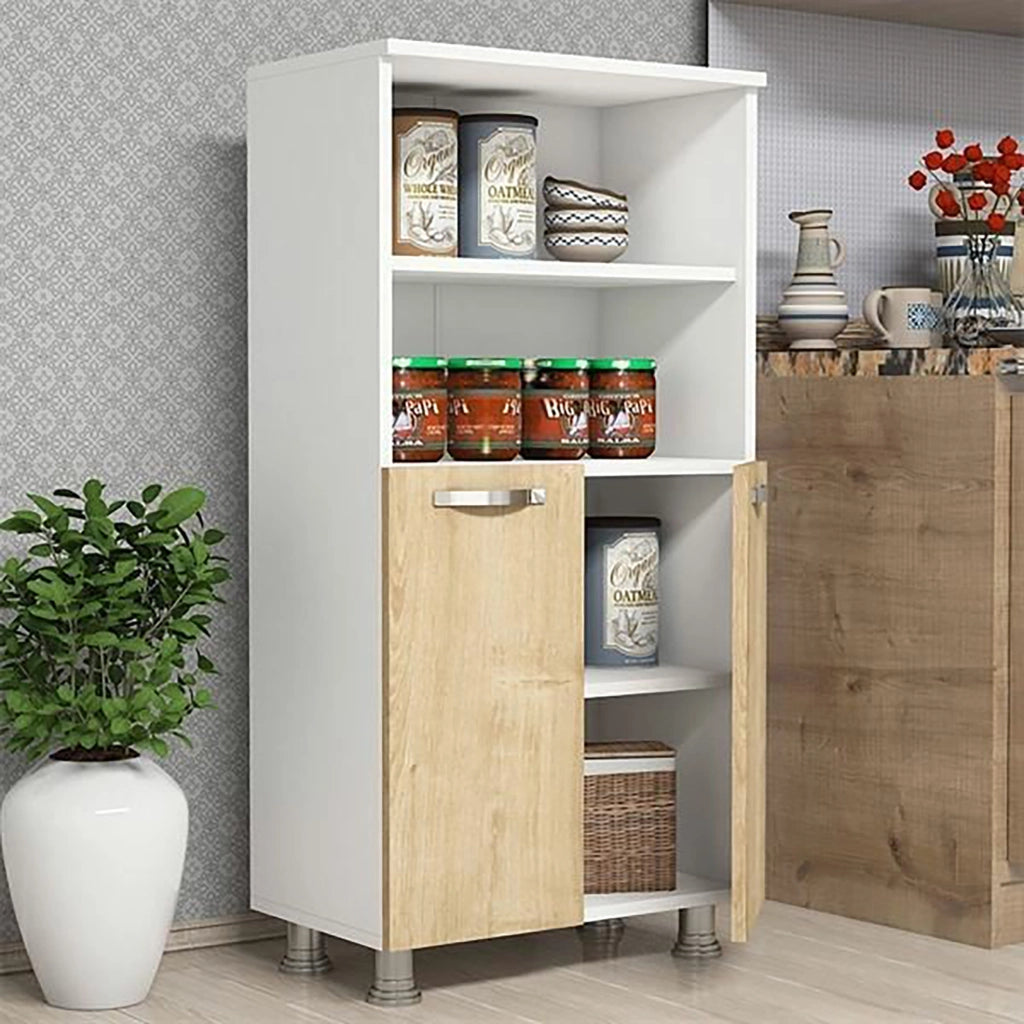 Credenza 'Haslev' Armadio da Cucina con Scomparti e 2 Ante Battente - Bianco / Zaffiro Rovere [en.casa]