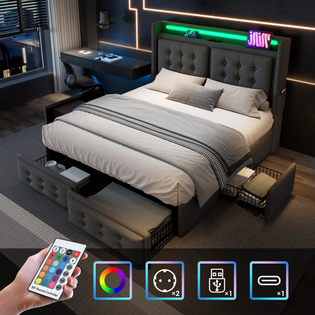 Letto con Cassetti 180 x 200 cm; Letto Matrimoniale - LED; USB e Type-C - Grigio