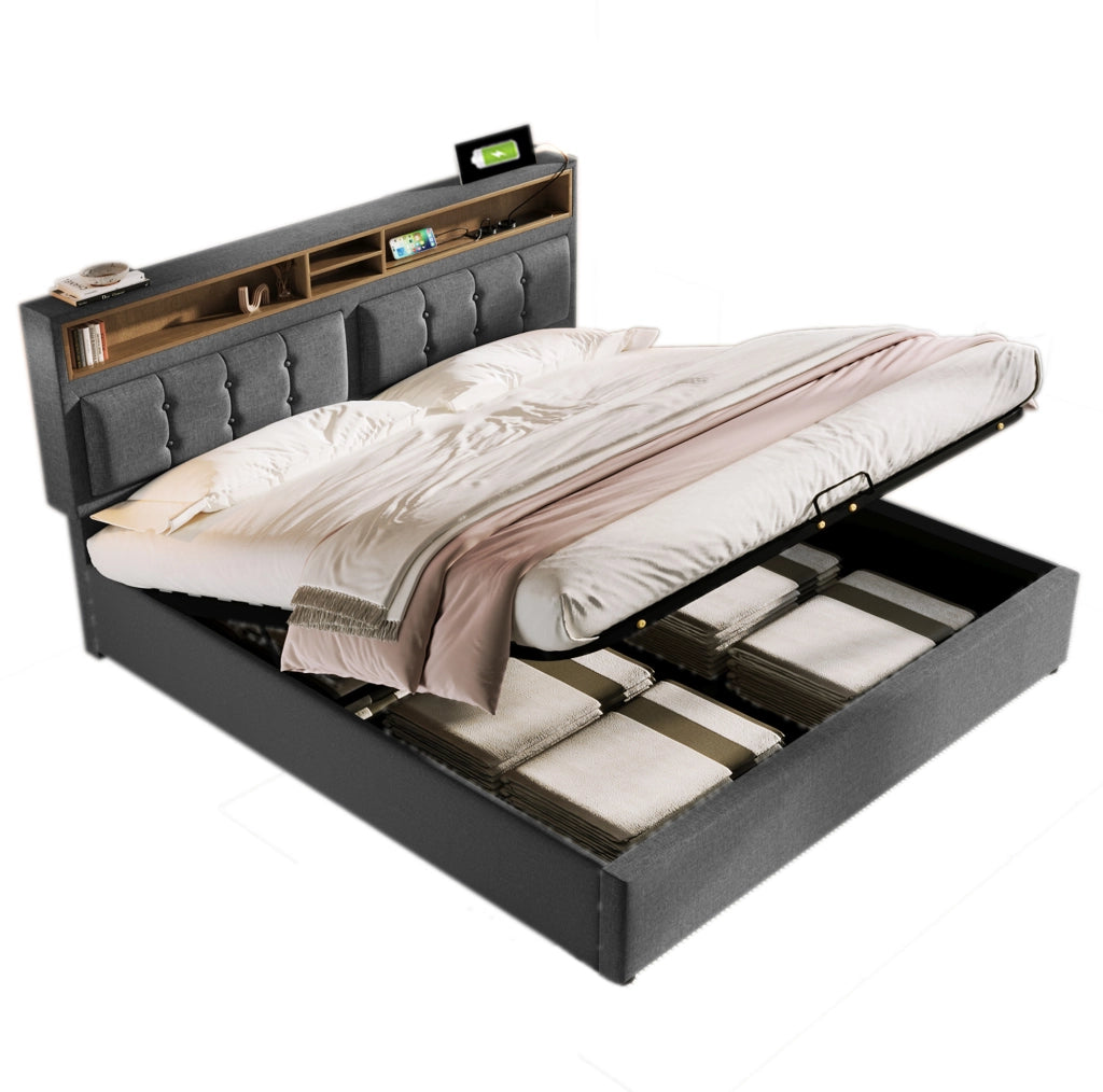 Letto imbottito 160 x 200 cm grigio con contenitore, prese e USB-C