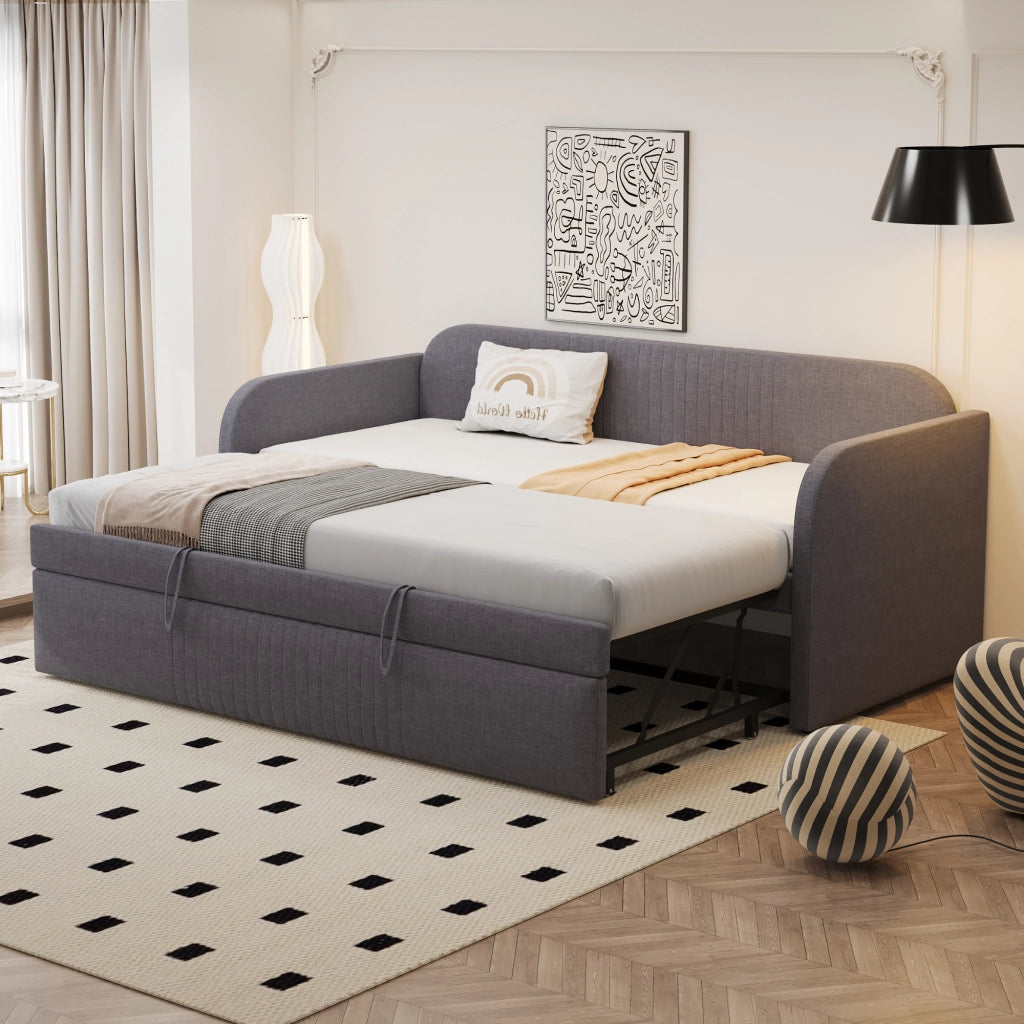 Divano letto imbottito 90x190 cm; letto estraibile 180x190 cm; grigio con rete a doghe