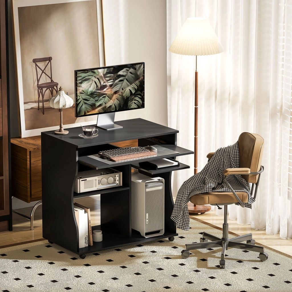Scrivania dritta per computer con ruote e ripiano per tastiera in pannelli PB nera 80 × 48 × 75 cm