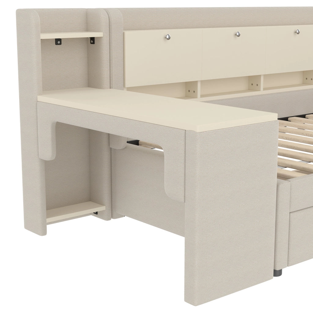 Daybed 90x200 cm con 2 cassetti, scrivania modulare e prese USB/Tipo C, struttura in lino e MDF beige