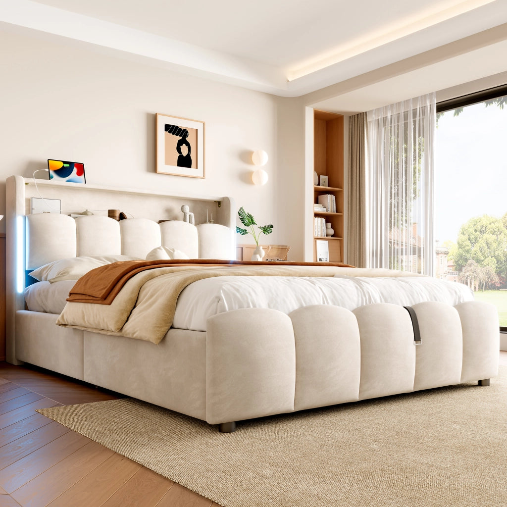 letto imbottito velluto beige 140 x 200 cm