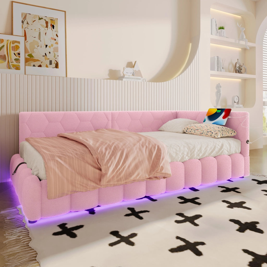 Letto da Giorno 90x200 cm in velluto con Contenitore Idraulico; LED; USB-C Rosa