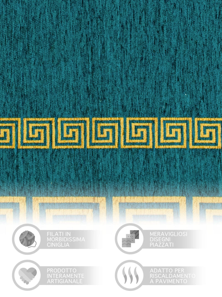 Tappeto Arredo Moderno Morbido in Ciniglia Ingresso Antiscivolo Prodotto Italiano  Soggiorno Camera Salotto Disegni Piazzati Cotone Varie Misure Grande Atena/Petrolio - 115x175 cm