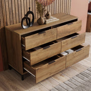 Cassettiera industriale con 6 cassetti e piedini regolabili per camera da letto, rovere scuro, 120 × 40 × 76 cm