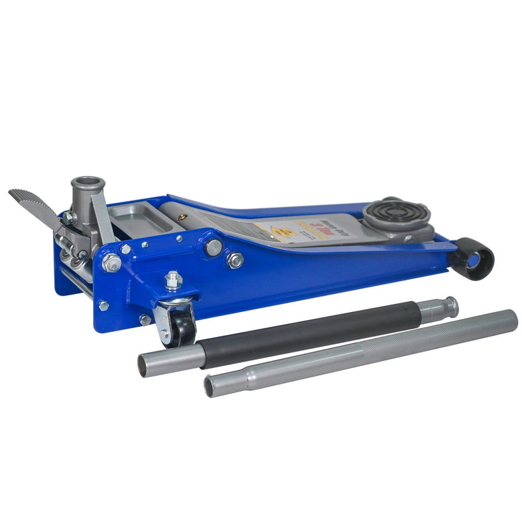 Cric idraulico a carrello ULEVR 3 t con doppia pompa e pedale, altezza 75-505 mm, blu e argento