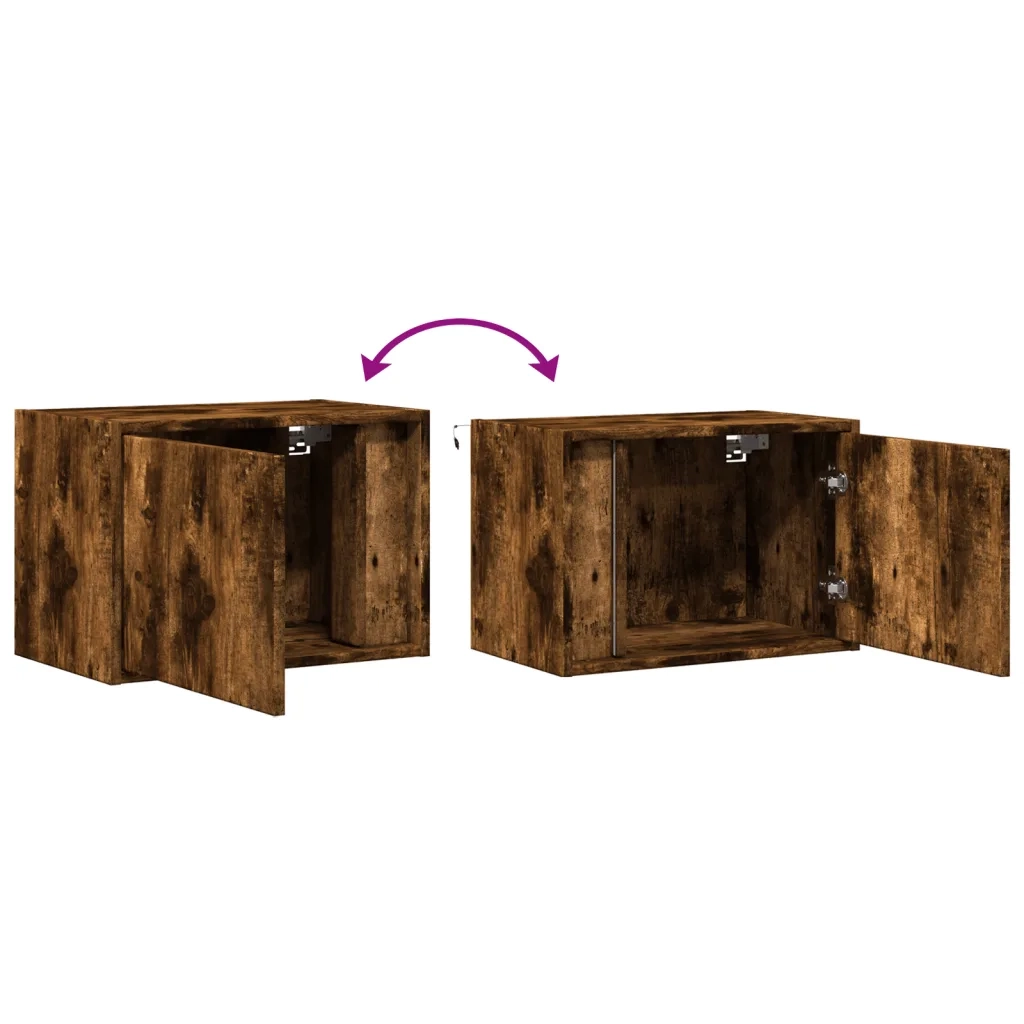 Comodino | Armadio da Notte | Mobiletto da notte a Parete con luci LED Rovere Fumo