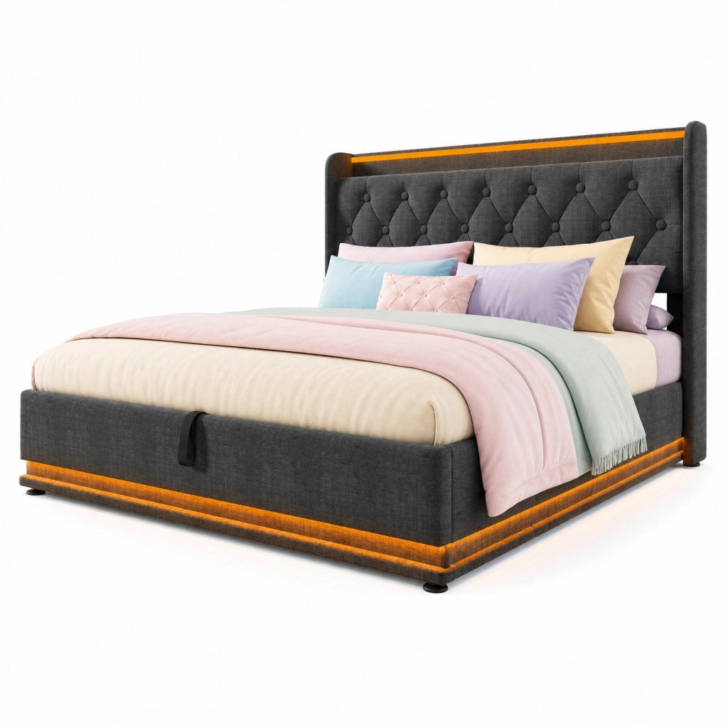 Letto matrimoniale contenitore 140 × 200 cm in lino grigio con LED 360 gradi e testiera USB Type-C