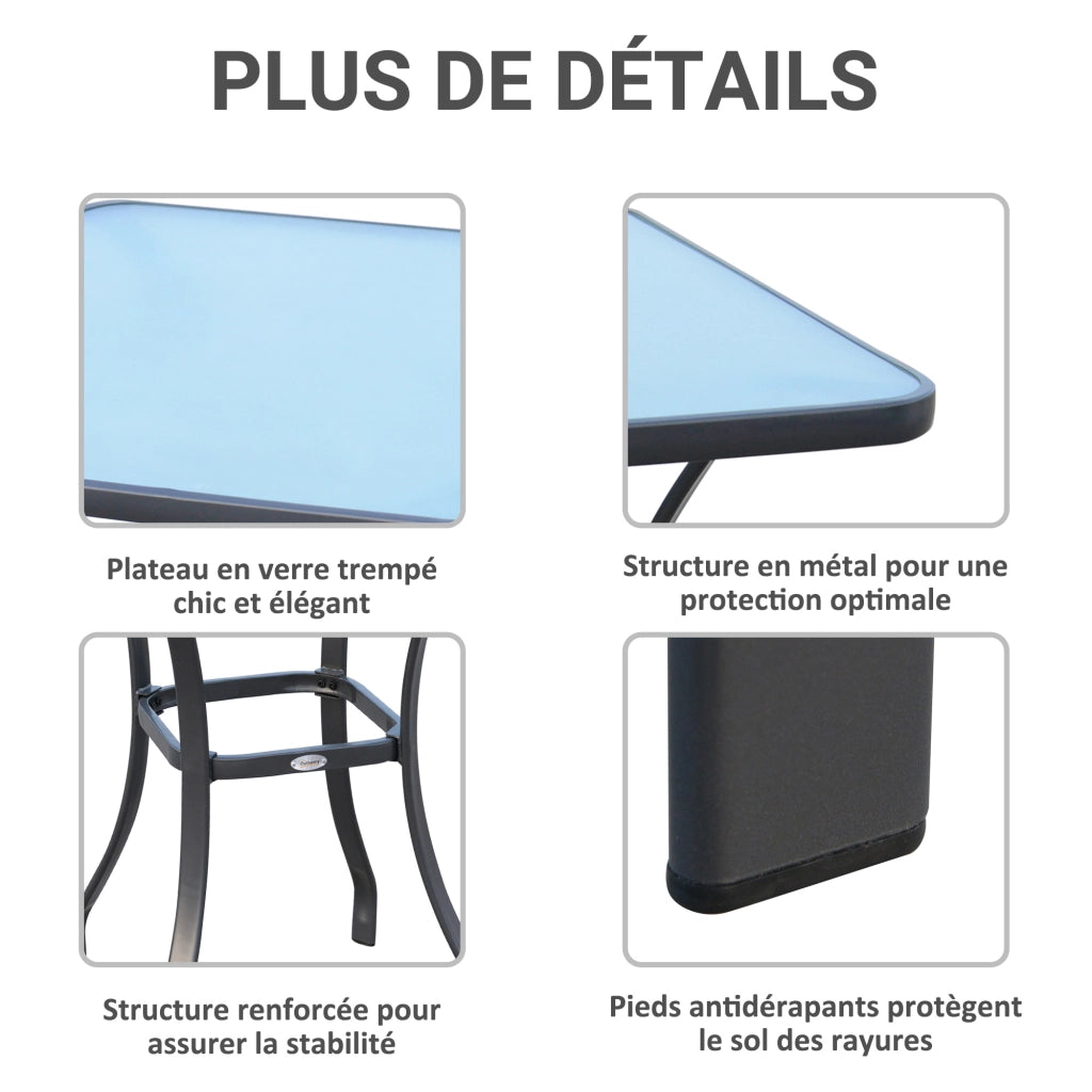 Tavolo Bistro Quadrato da Giardino 68L x 68l x 84H cm in Metallo Grigio con Piano in Vetro Temperato Robusto