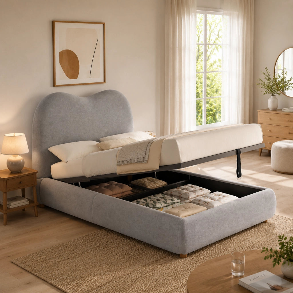 DESMIU Letto Bambino 90 × 200 cm con contenitore idraulico, testiera imbottita e senza materasso, in lino, grigio