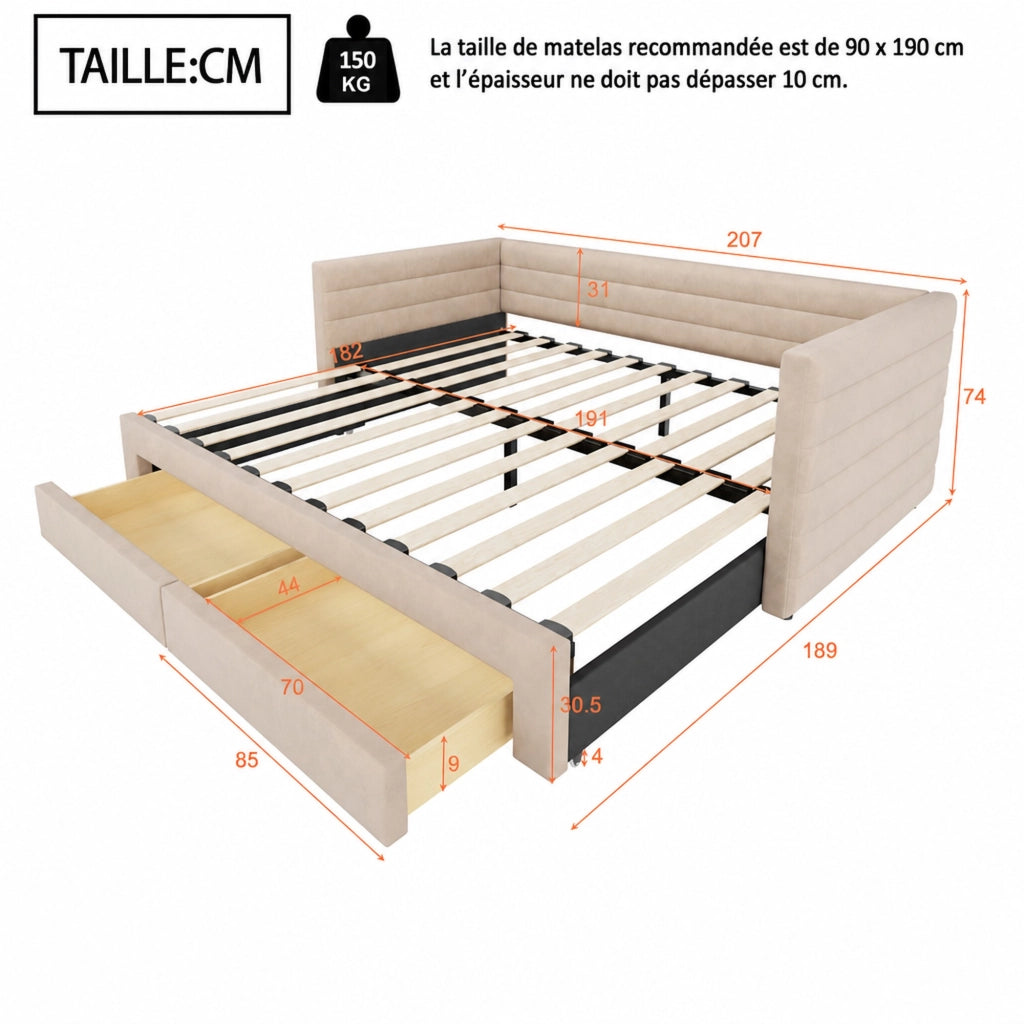 Letto estraibile 3 in 1 con due cassetti rivestito in cotone e lino beige con rete a doghe
