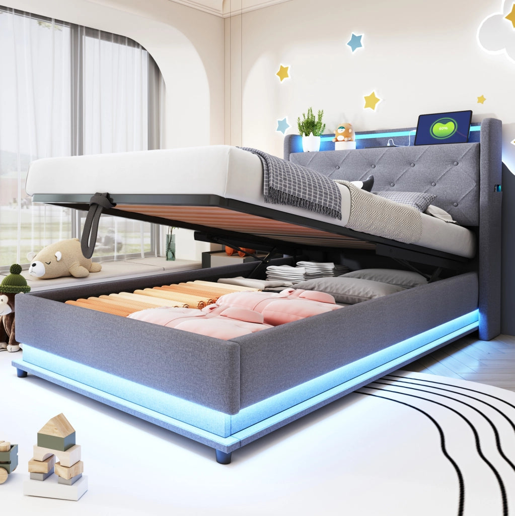 Letto imbottito 90x200 cm con LED, USB, contenitore idraulico e testiera apribile