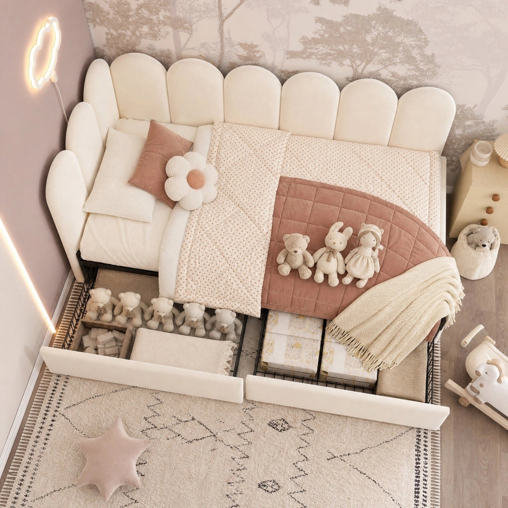 Letto singolo imbottito 90 ¡Á 190 cm con due cassetti in velluto beige con rete a doghe e sponde intercambiabili