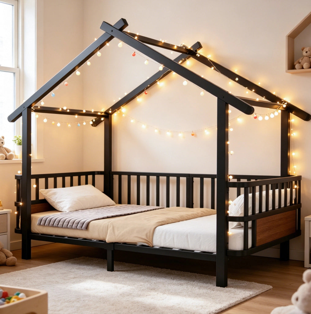Letto singolo per bambini 90x200 cm a casetta in metallo nero con sponde di sicurezza HOMVRA