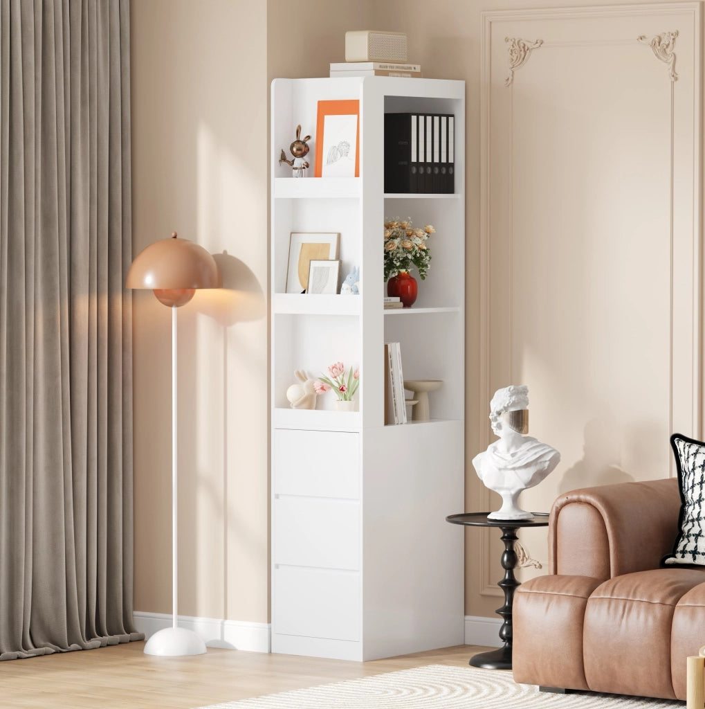 Libreria stretta bianca alta 200 cm con 3 cassetti