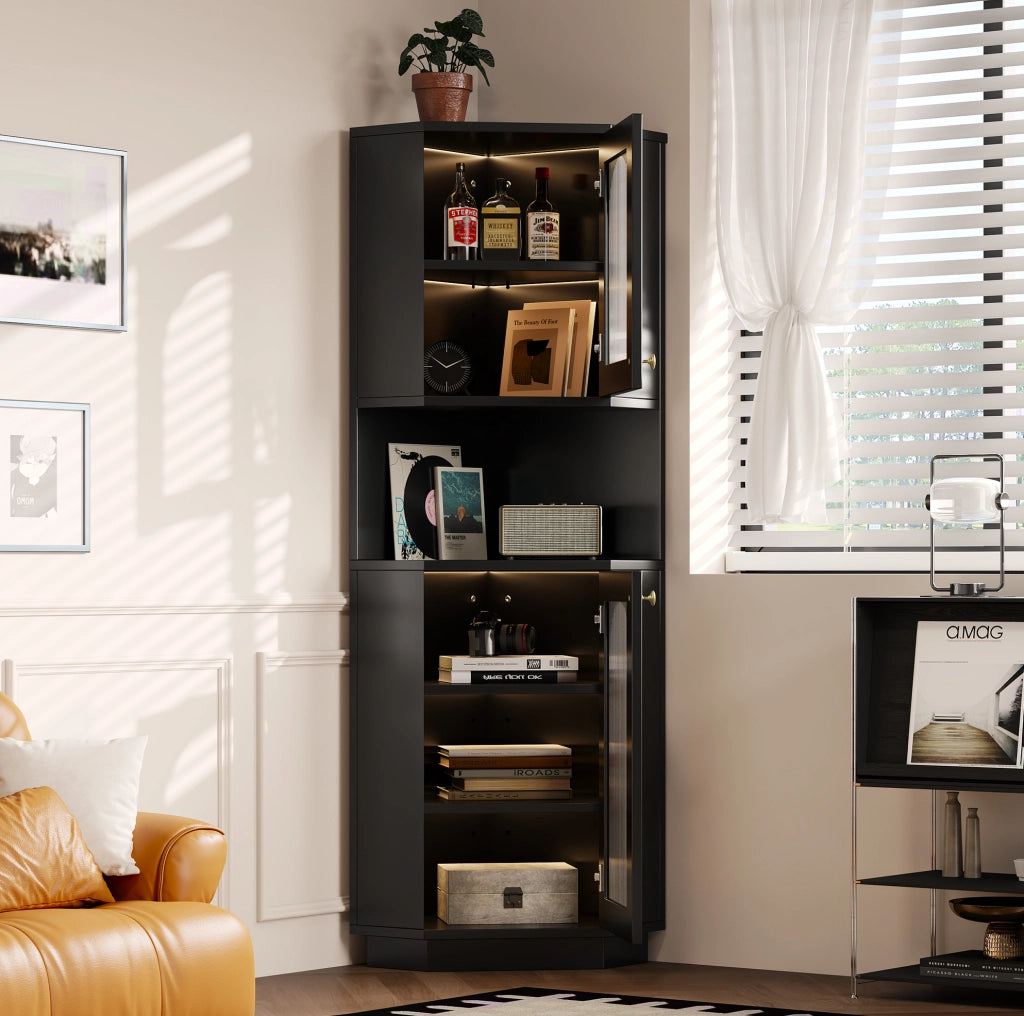 Mobile bagno angolare nero in MDF con luce interna e ripiani regolabili
