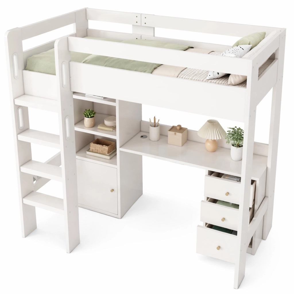 Letto a soppalco singolo 90 × 200 cm con scrivania, USB e Type-C, armadio, cassetti e struttura bianca